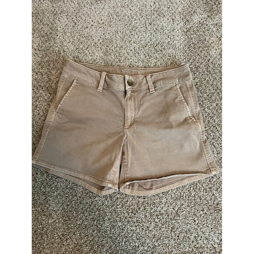 American Eagle Women Shorts 10 Tan AEO Twill Midi Super Stretch Chino Preppy 5"
